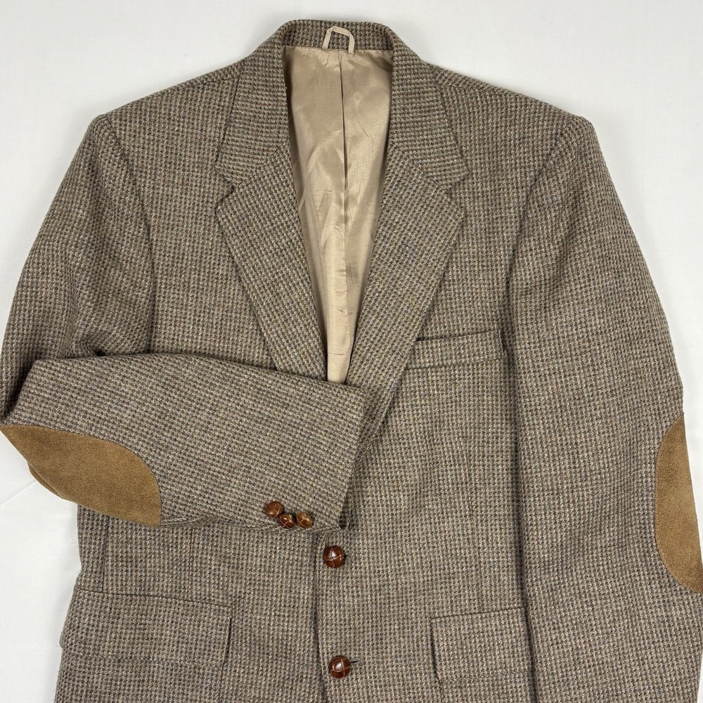 VTG 80s WFF by Farah Gun Club Check Wool Tweed Sport Coat 40R Tan/Gray Suede